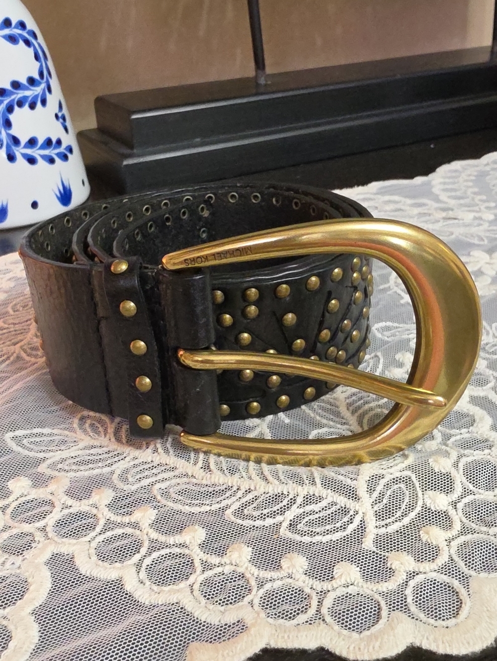 Michael Kors Brown Leather Studded Belt with Gold-Tone Curved Buckle 43 Inches